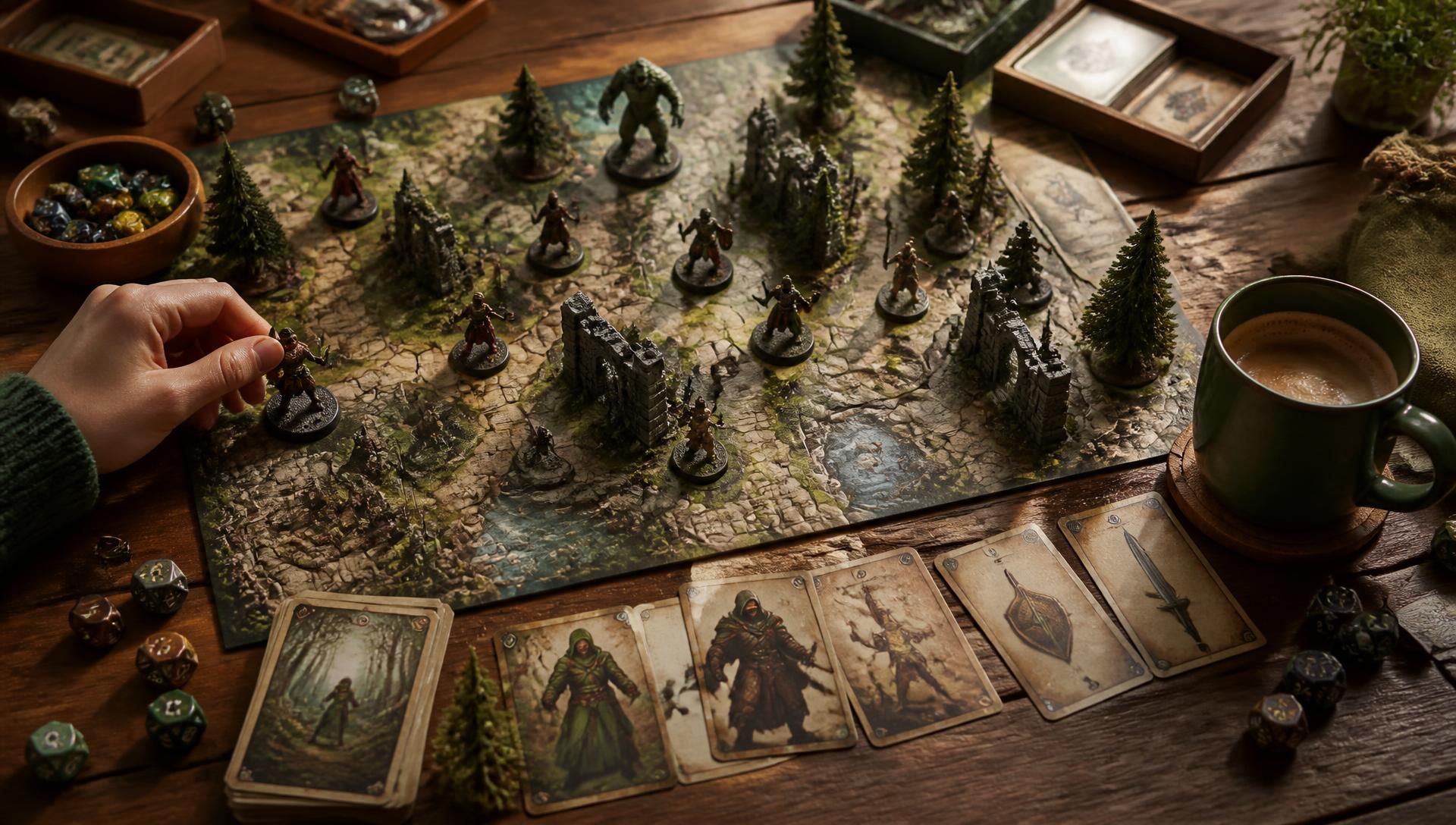 A tabletop board game in progress with miniatures, dice, and cards on a wooden table